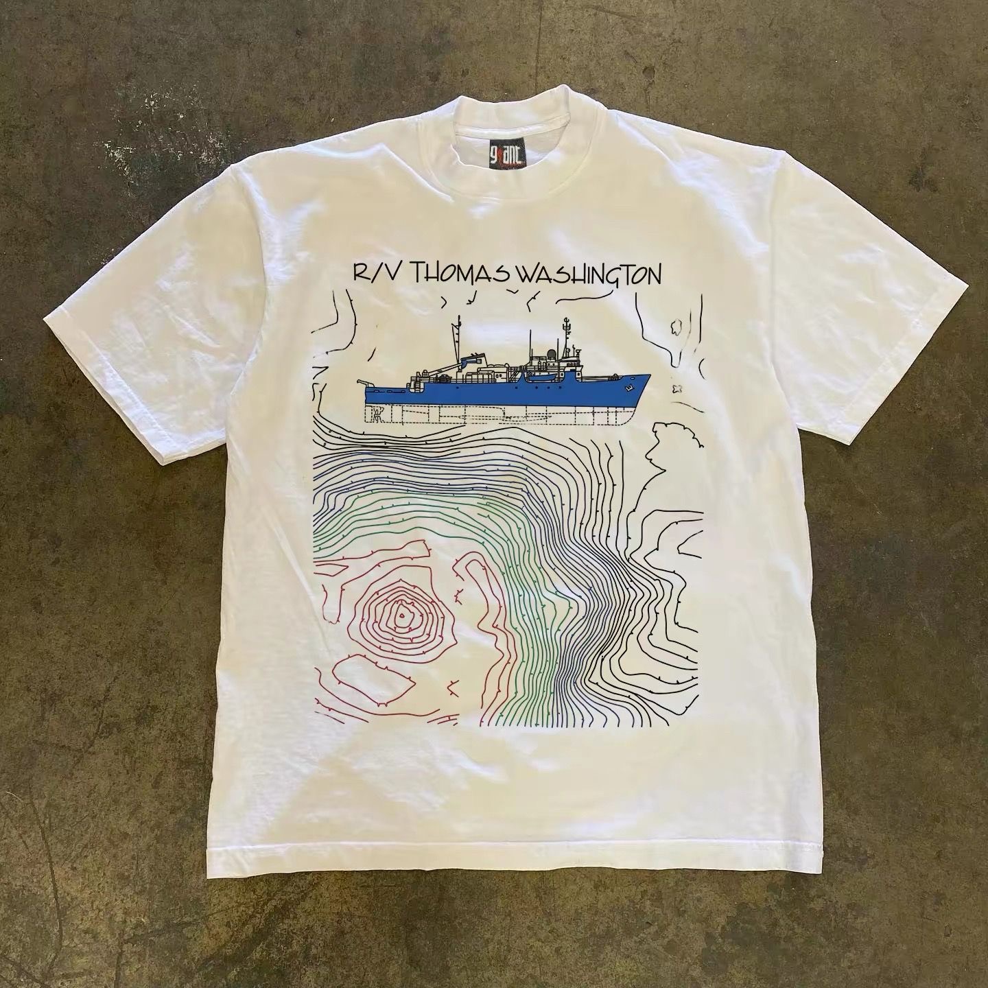 Embroidery Normal Map - เสื้อยืดวินเทจสไตล์อเมริกัน Y2K ลายแผนที่เรือสำรวจมหาสมุทร ทรงหลวม คอกลม แขนสั้น