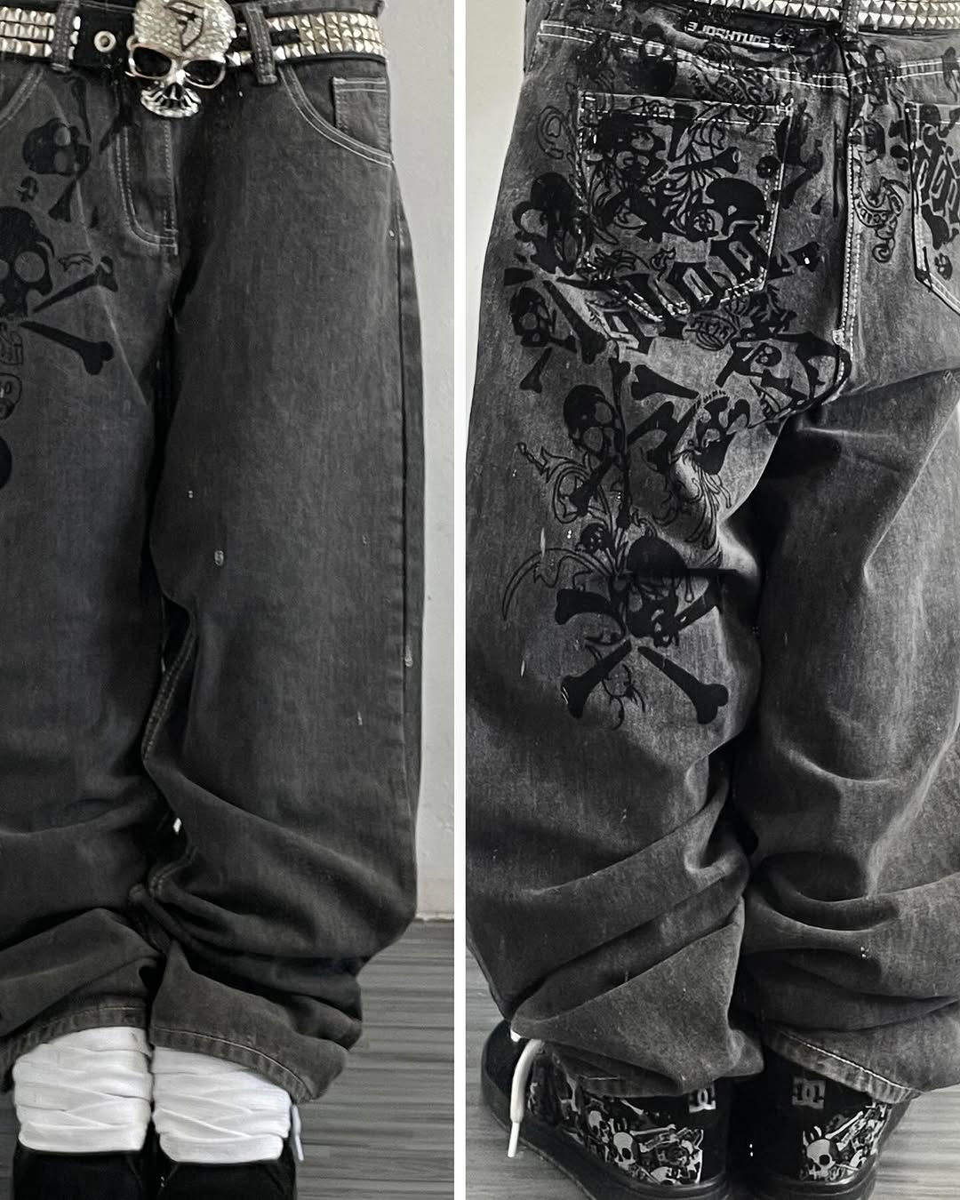 Embroidery On Jeans - Y2K Street ใหม่ Skull ปักกางเกงยีนส์อเมริกันแฟชั่นอินเทรนด์ Retro