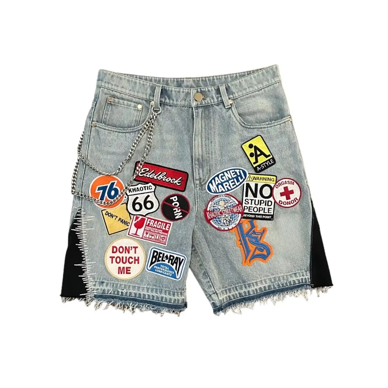 Embroidery On Jeans - กางเกงยีนส์ขาสั้นสไตล์อเมริกันย้อนยุค Y2K ฮาราจูกุ ฮิปฮอป ลายการ์ตูนปัก กางเกงขาสั้นทรงหลวมเอวต่ำ