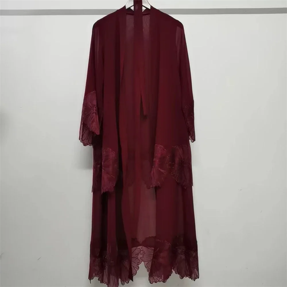Embroidery Kaftan - ชุดเดรสยาวปักลายสำหรับผู้หญิงมุสลิม ชุดคลุมกิโมโนสำหรับเทศกาลอีดและรอมฎอน ลายดอกไม้ อบายะดูไบ ตุรกี คาฟตาน