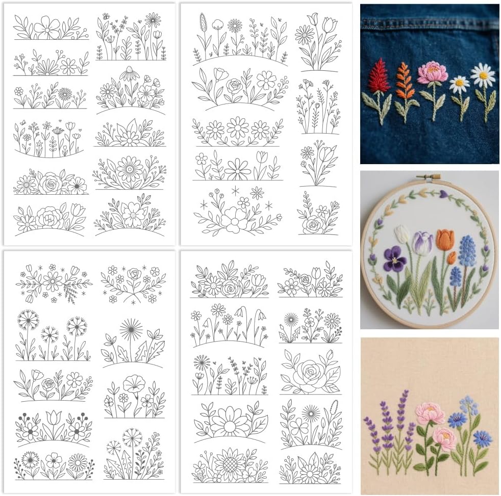 Embroidery Paper - กระดาษรองปักลายดอกไม้แบบละลายน้ำได้สำหรับงานปักแบบ Stick and Stitch, กระดาษรองปักลายแบบฉีกออกได้พร้อมลายดอกไม้