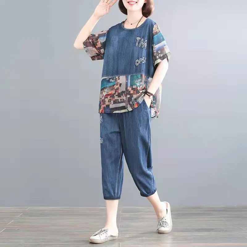 Embroidery On Jeans - 5XL ฤดูร้อนผู้หญิงกางเกงยีนส์ชุดฤดูใบไม้ผลิฤดูร้อนใหม่พิมพ์เย็บแฟชั่นหญิงชุดบาง DENIM Cropped กางเกงแม่ 2