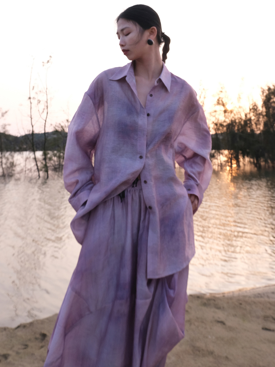 Embroidery Premium - เสื้อเชิ้ตป้องกันแสงแดดแขนยาวทรงหลวมสไตล์จีนปักลายสีม่วงสำหรับฤดูใบไม้ผลิและฤดูร้อน รุ่นพรีเมียมสำหรับผู้หญิง