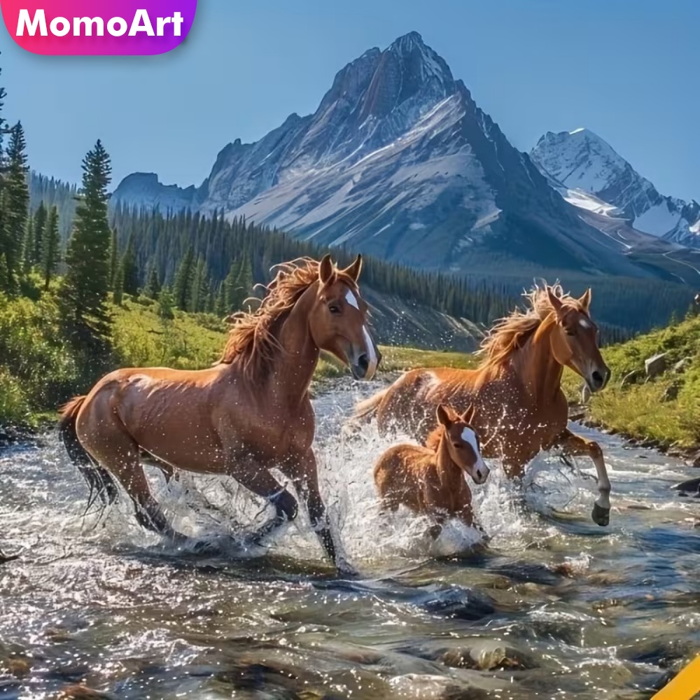 Embroidery Horse - โมโมอาร์ต 5D DIY ภาพวาดเพชรรูปม้า ชุดอุปกรณ์งานฝีมืออะคริลิก ภาพโมเสคเพชร