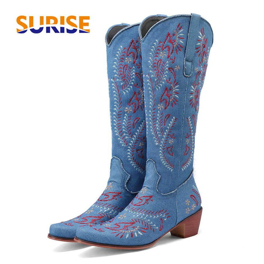 Embroidery On Jeans - Blue Denim Western Cowgirl เข่ารองเท้าบูทสูงผู้หญิงเย็บปักถักร้อยดอกไม้คาวบอยรองเท้าส้นสูงรอบ Toe